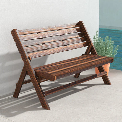 2-Seater Wooden Outdoor Bench, Foldable, Slatted Backrest, Carbonised Finish Outdoor Benches at Gallery Canada