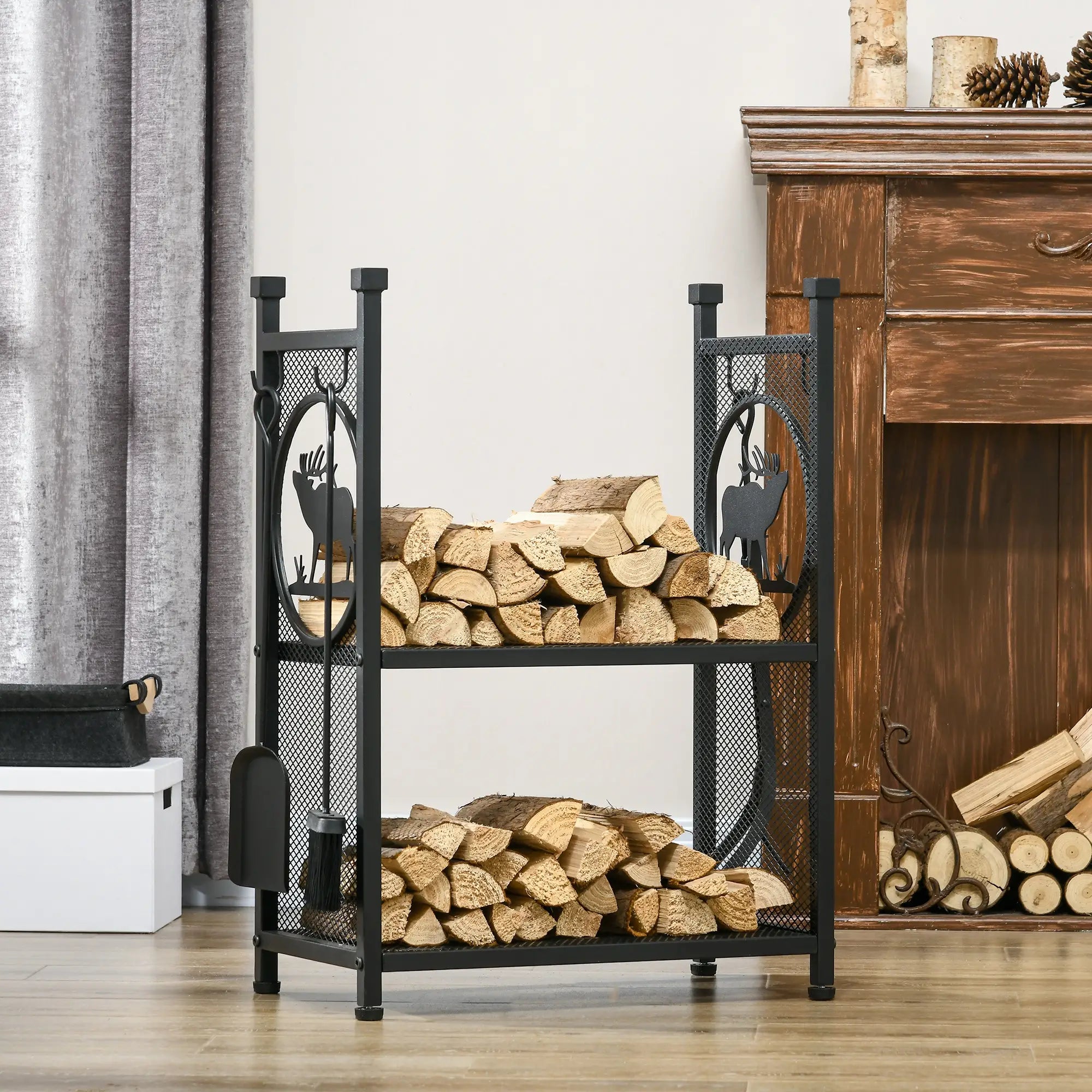 2-Tier Firewood Rack, Shovel, Broom, Poker, Tongs, 21.7