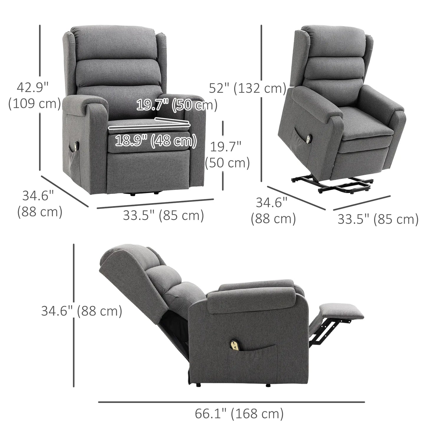 Power Lift Chair Recliner with Footrest, Remote, Side Pockets, Grey Electric Power Lift Chairs at Gallery Canada