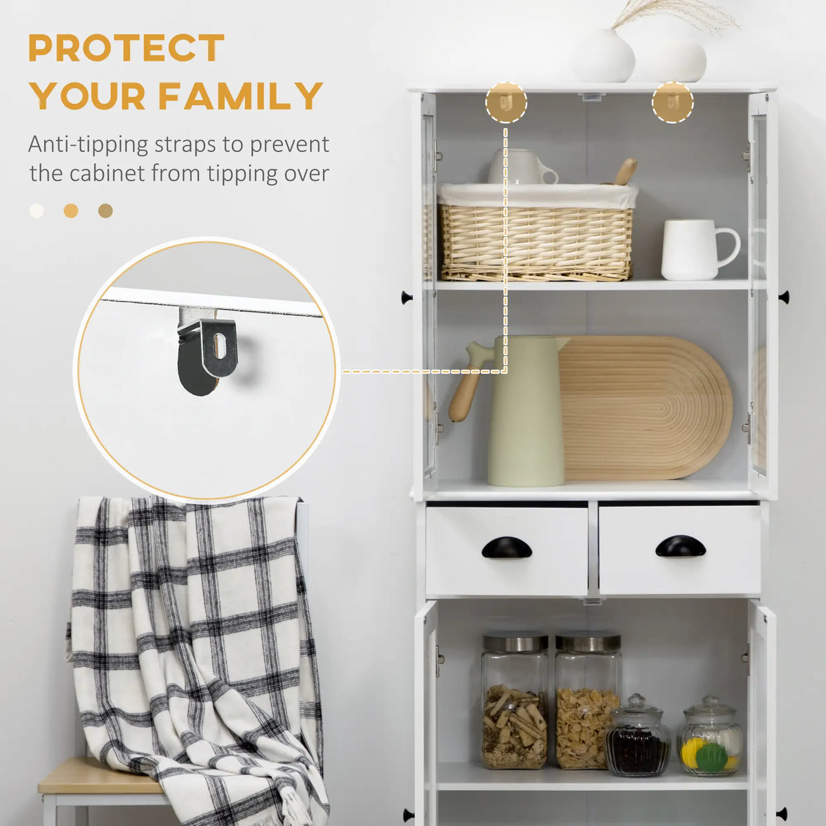 61" Kitchen Pantry Cabinet, Freestanding Farmhouse Style, White Kitchen Pantry Cabinets at Gallery Canada