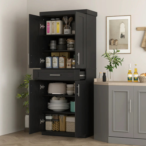72 Storage Cabinet, 4 Doors, Drawer, 3 Adjustable Shelves, Black