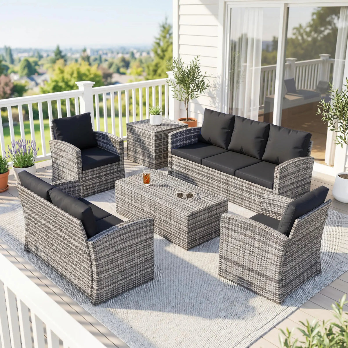 6-Piece Wicker Patio Furniture Set, 7-Seater with Cushions, Black Patio Furniture Sets at Gallery Canada