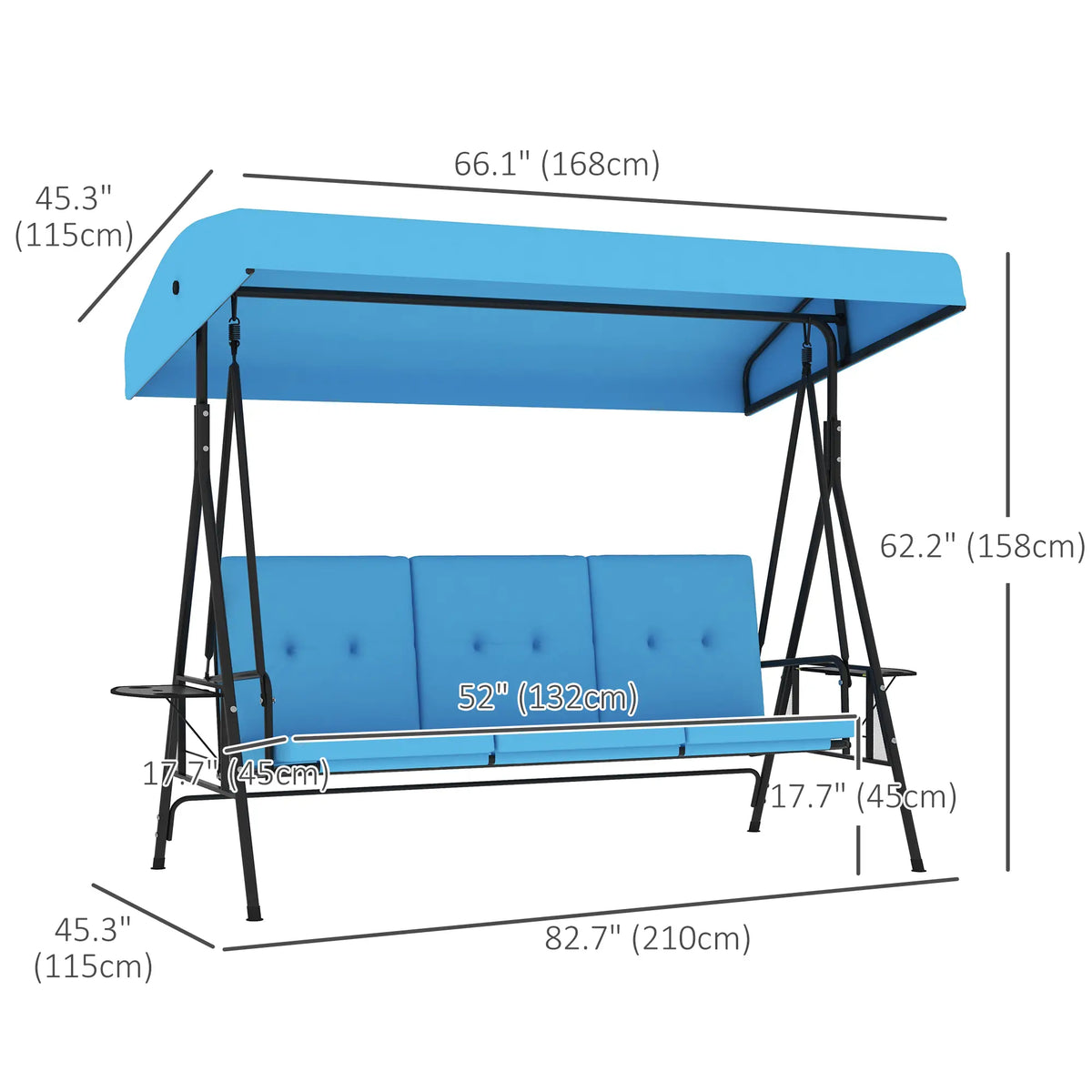 3-Seat Outdoor Porch Swing With Adjustable Canopy, Tray, Cushion, Blue Patio Swings with Stand at Gallery Canada