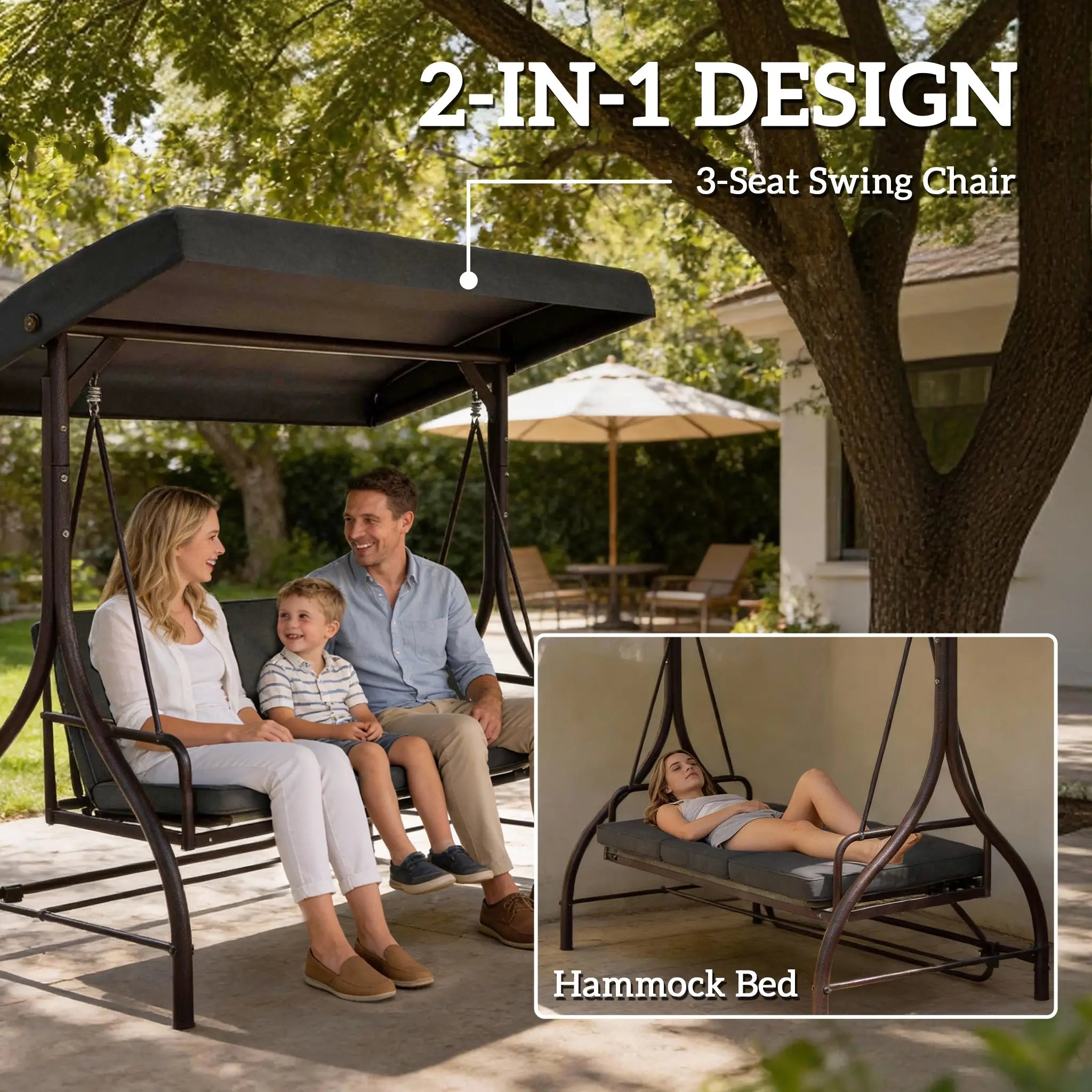 Convertible Patio Swing Bed With Canopy, Cushions, 3 Seater, Dark Grey Patio Swings with Stand at Gallery Canada