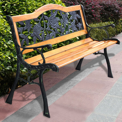 Cast Iron Patio Bench, Rose Pattern Backrest, Natural Outdoor Benches at Gallery Canada