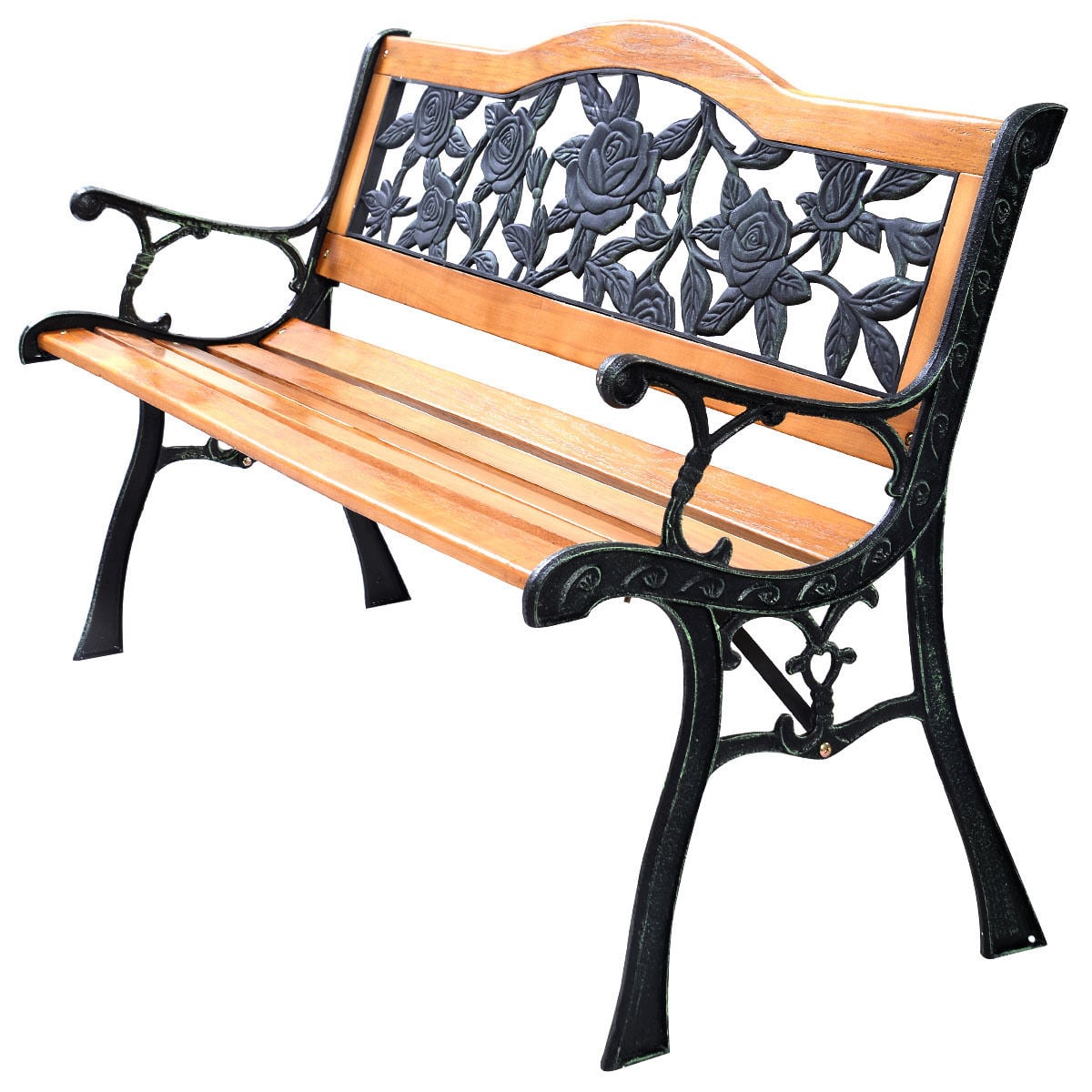 Cast Iron Patio Bench, Rose Pattern Backrest, Natural Outdoor Benches at Gallery Canada