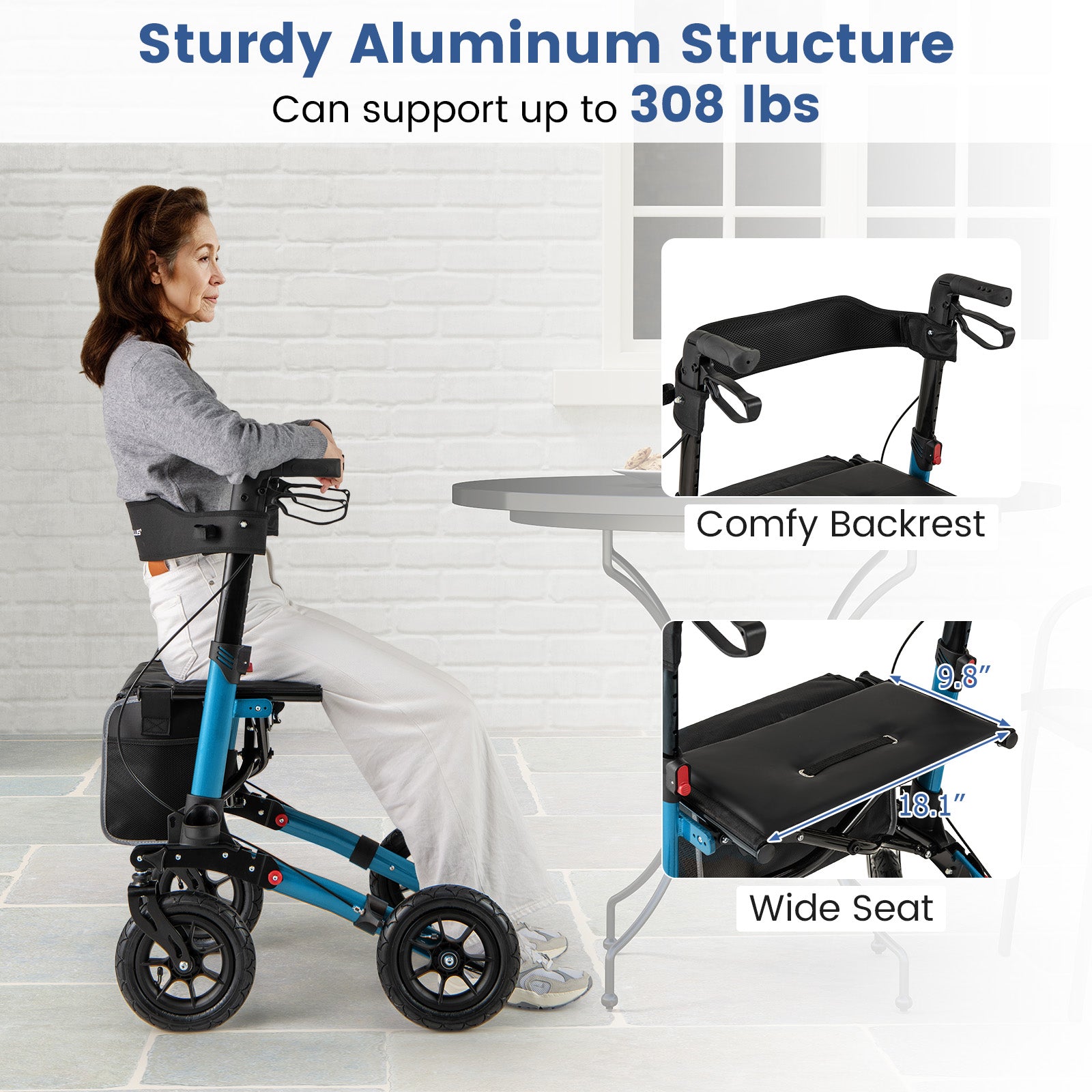 Folding Rollator Walker with Seat for All Terrain seniors, Navy Walkers & Rollators at Gallery Canada