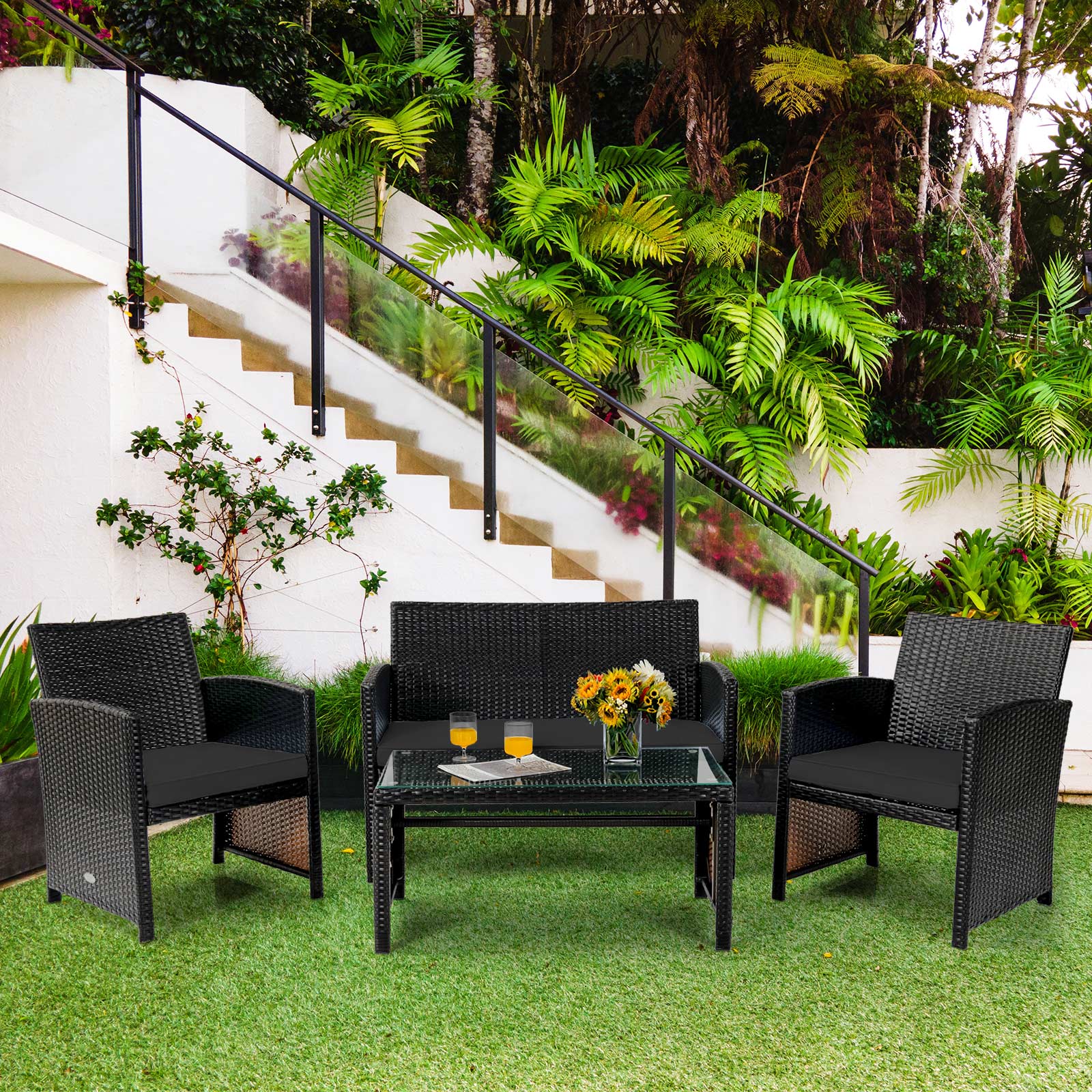 4 Piece Patio Rattan Furniture Set, Coffee Table, Black Patio Furniture Sets at Gallery Canada
