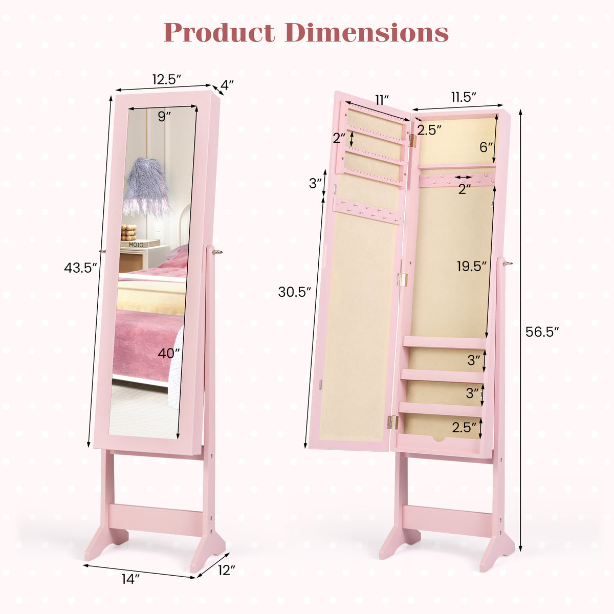 Mirrored Standing Jewelry Cabinet Storage Box, Pink Jewelry Armoires at Gallery Canada