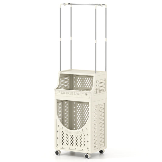 3-Tier Laundry Cart, Folding Hamper With Hanging Bar, 8 Hooks, Beige Laundry Baskets Beige at Gallery Canada