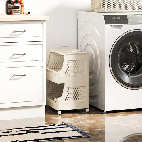 3-Tier Rolling Laundry Basket, Plastic Storage Cart With Wheels, Beige
