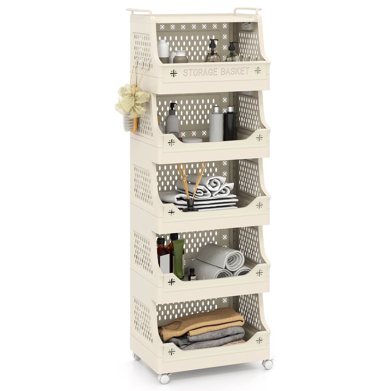 6-Tier Rolling Laundry Basket, Plastic Storage Cart With Wheels, Beige Laundry Baskets at Gallery Canada
