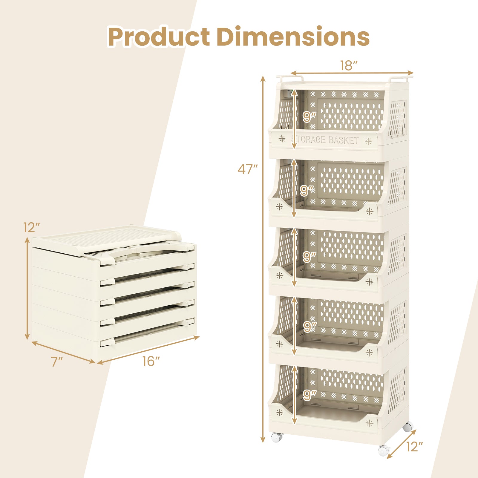 6-Tier Rolling Laundry Basket, Plastic Storage Cart With Wheels, Beige Laundry Baskets at Gallery Canada