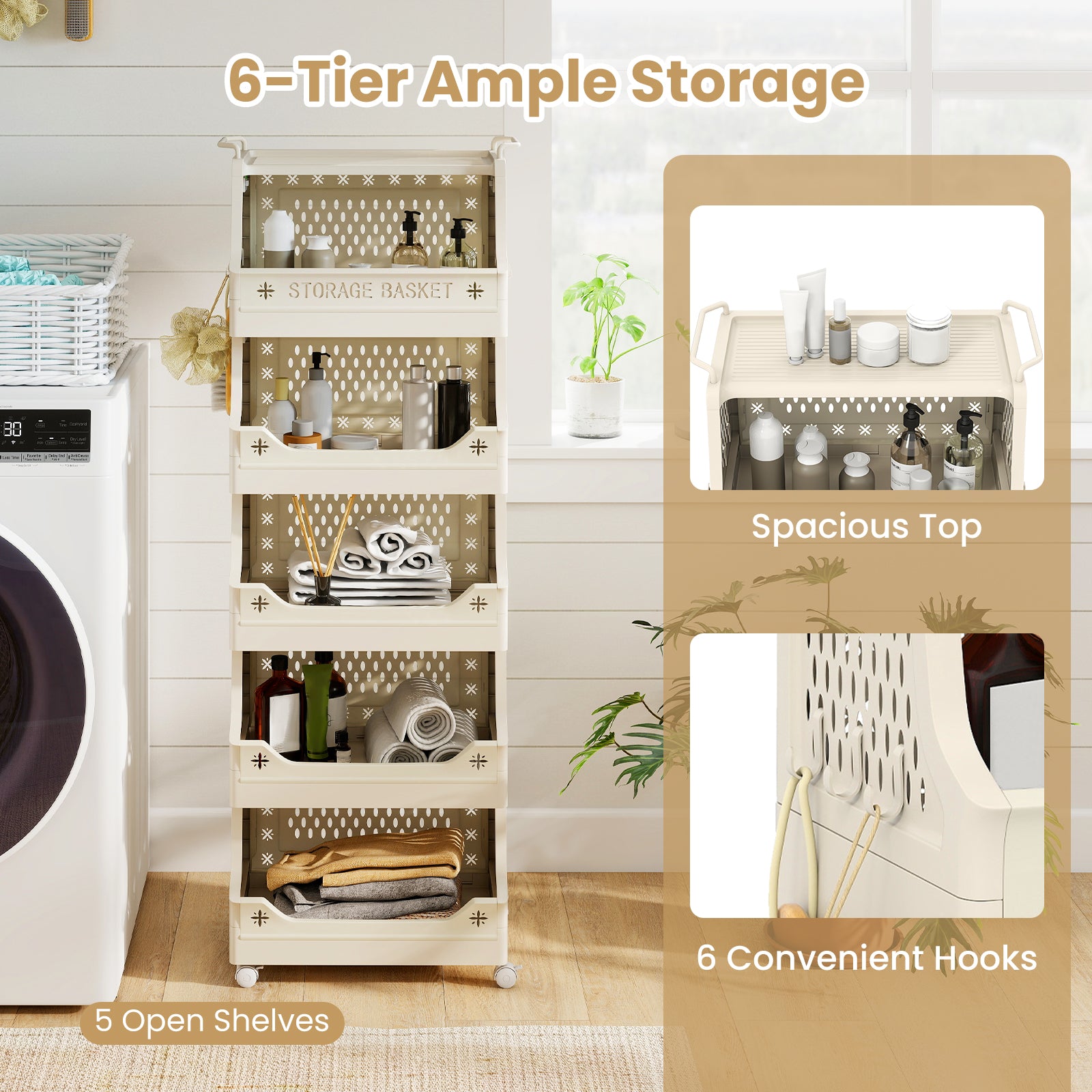 6-Tier Rolling Laundry Basket, Plastic Storage Cart With Wheels, Beige Laundry Baskets at Gallery Canada