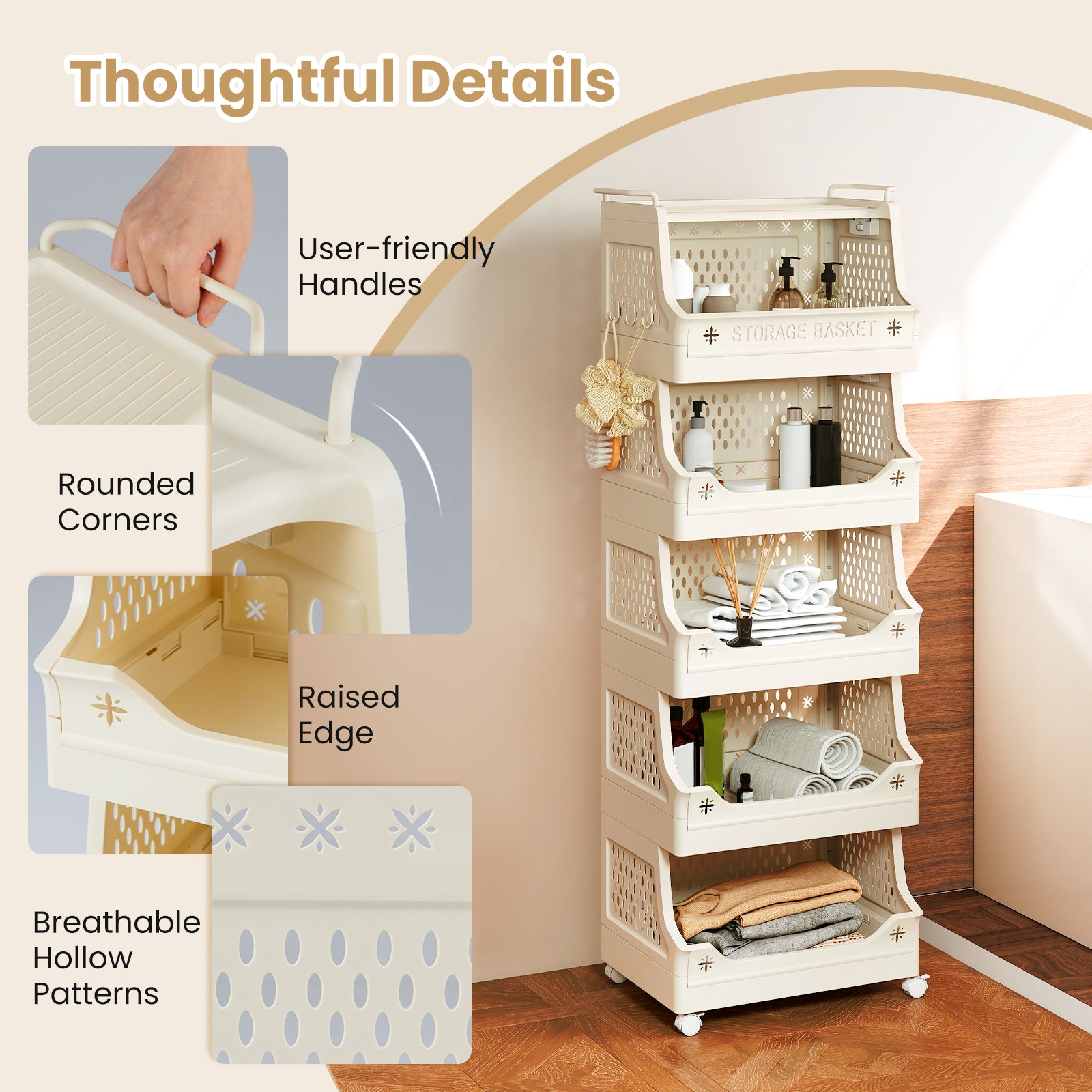 6-Tier Rolling Laundry Basket, Plastic Storage Cart With Wheels, Beige Laundry Baskets at Gallery Canada