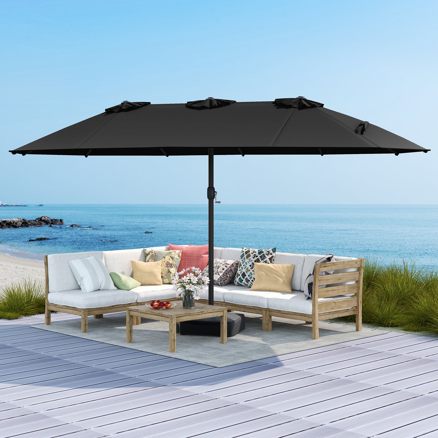 15 Feet Double-Sided Twin Patio Umbrella, Black Outdoor Umbrellas at Gallery Canada