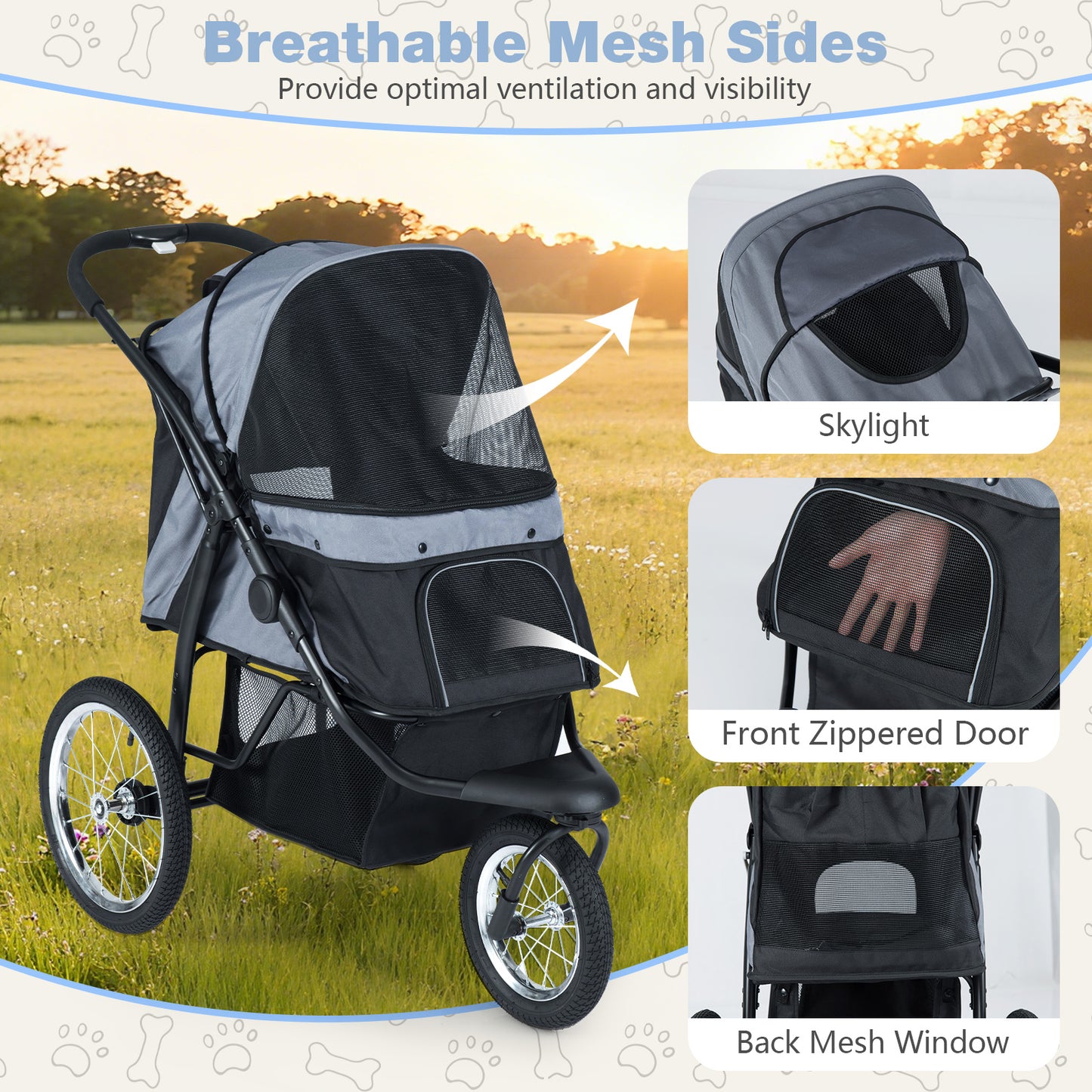 3-Wheel Pet Stroller, Foldable Jogger, Gray Dog Supplies at Gallery Canada