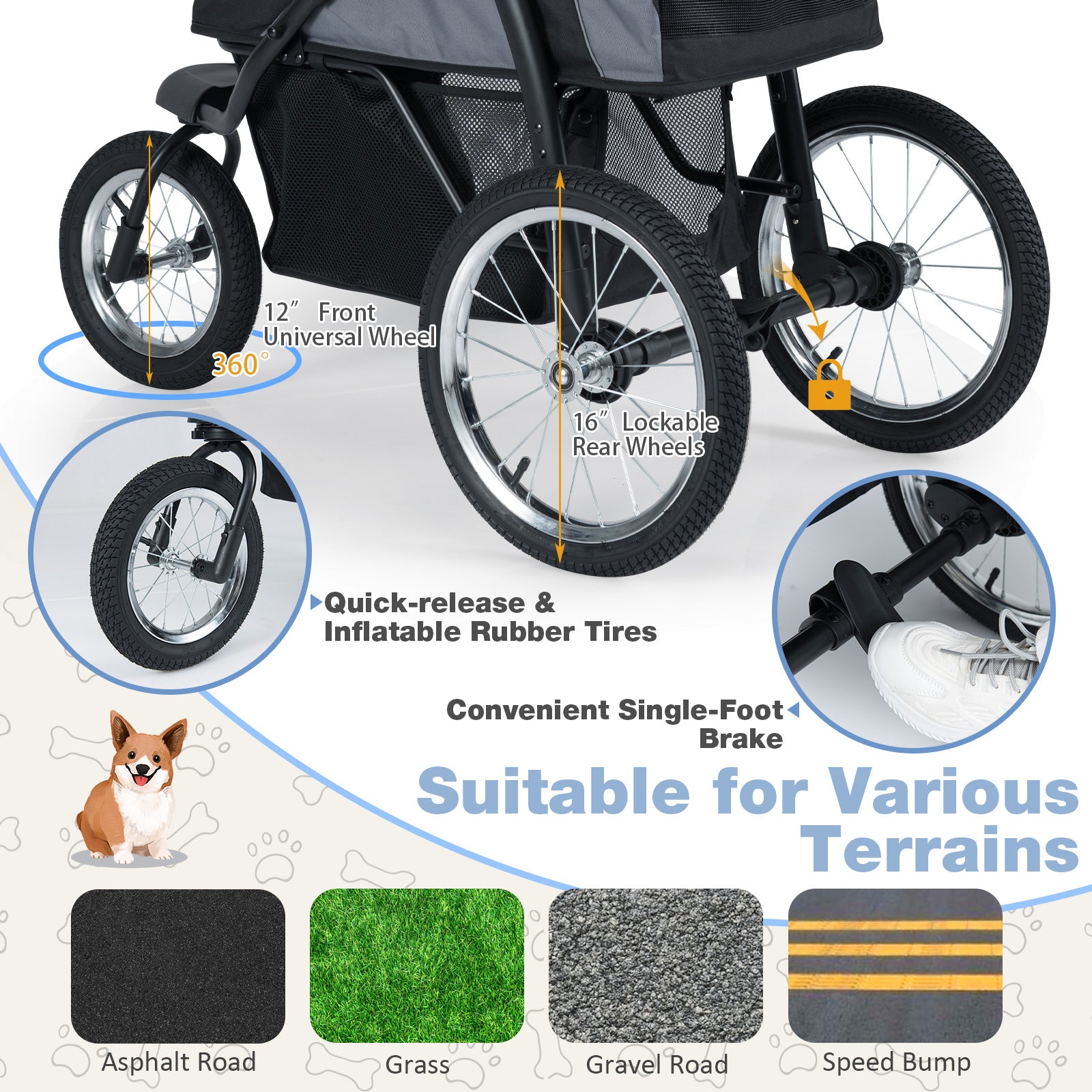 3-Wheel Pet Stroller, Foldable Jogger, Gray Dog Supplies at Gallery Canada
