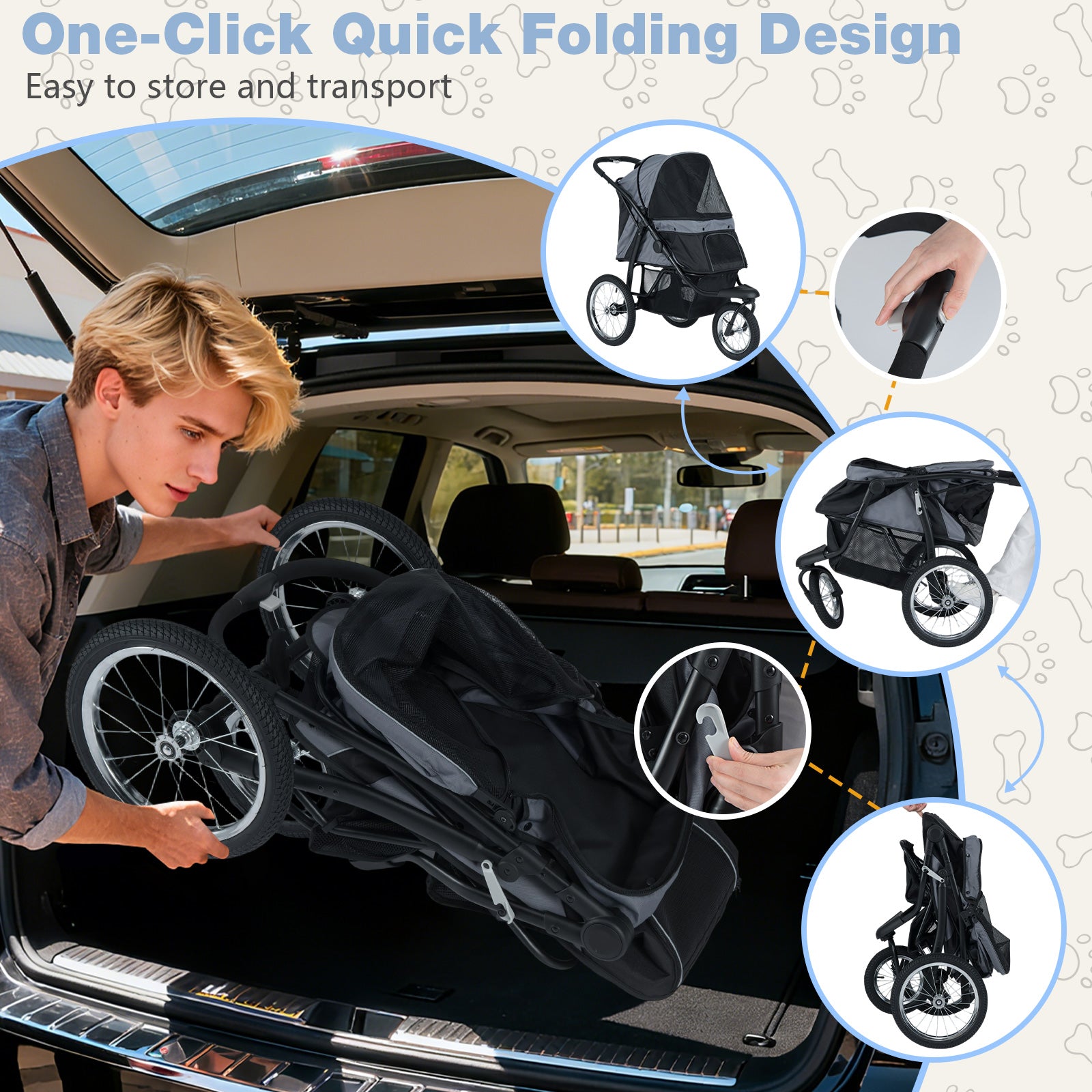 3-Wheel Pet Stroller, Foldable Jogger, Gray Dog Supplies at Gallery Canada
