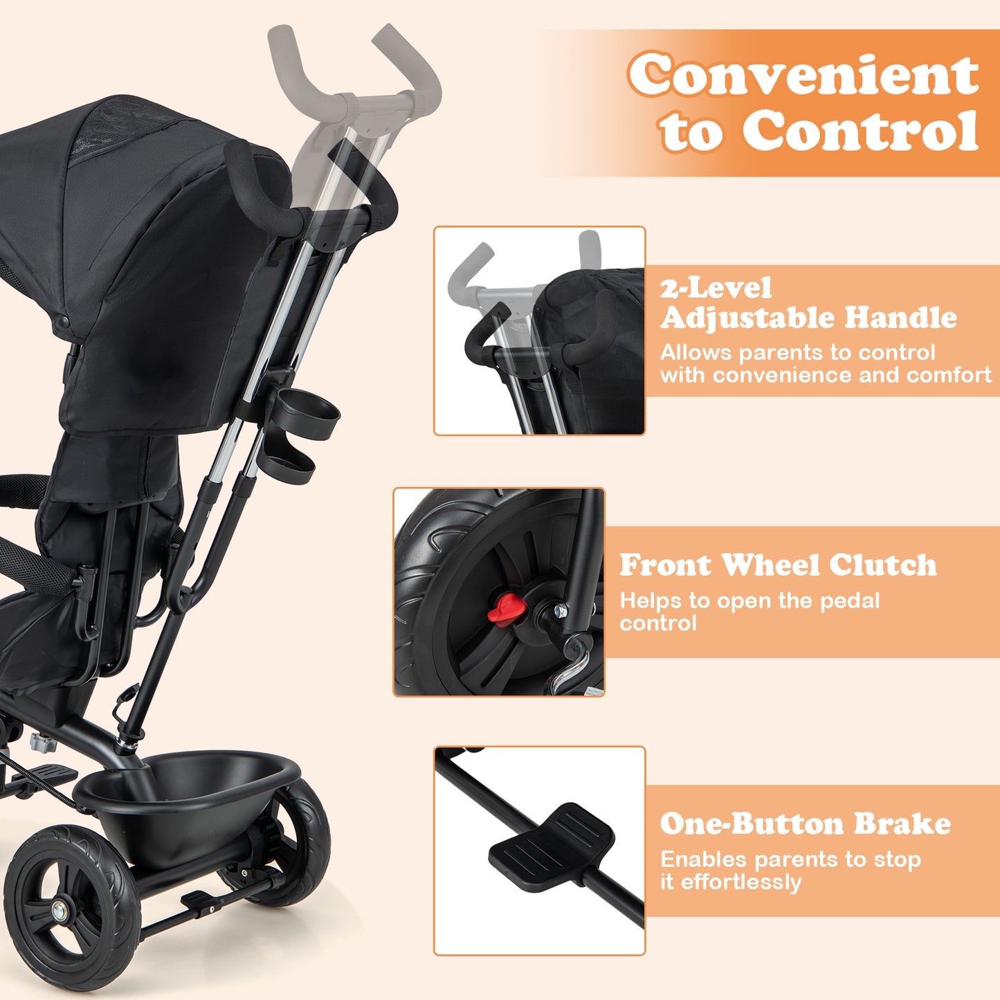 4-In-1 Baby Trike With Removable Canopy, Adjustable Push Handle, Gray Baby Strollers at Gallery Canada