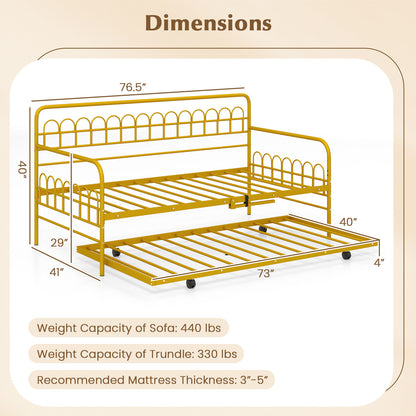 Twin Daybed With Curved Backrest, Armrests, Gold Trundle Bed Frame at Gallery Canada