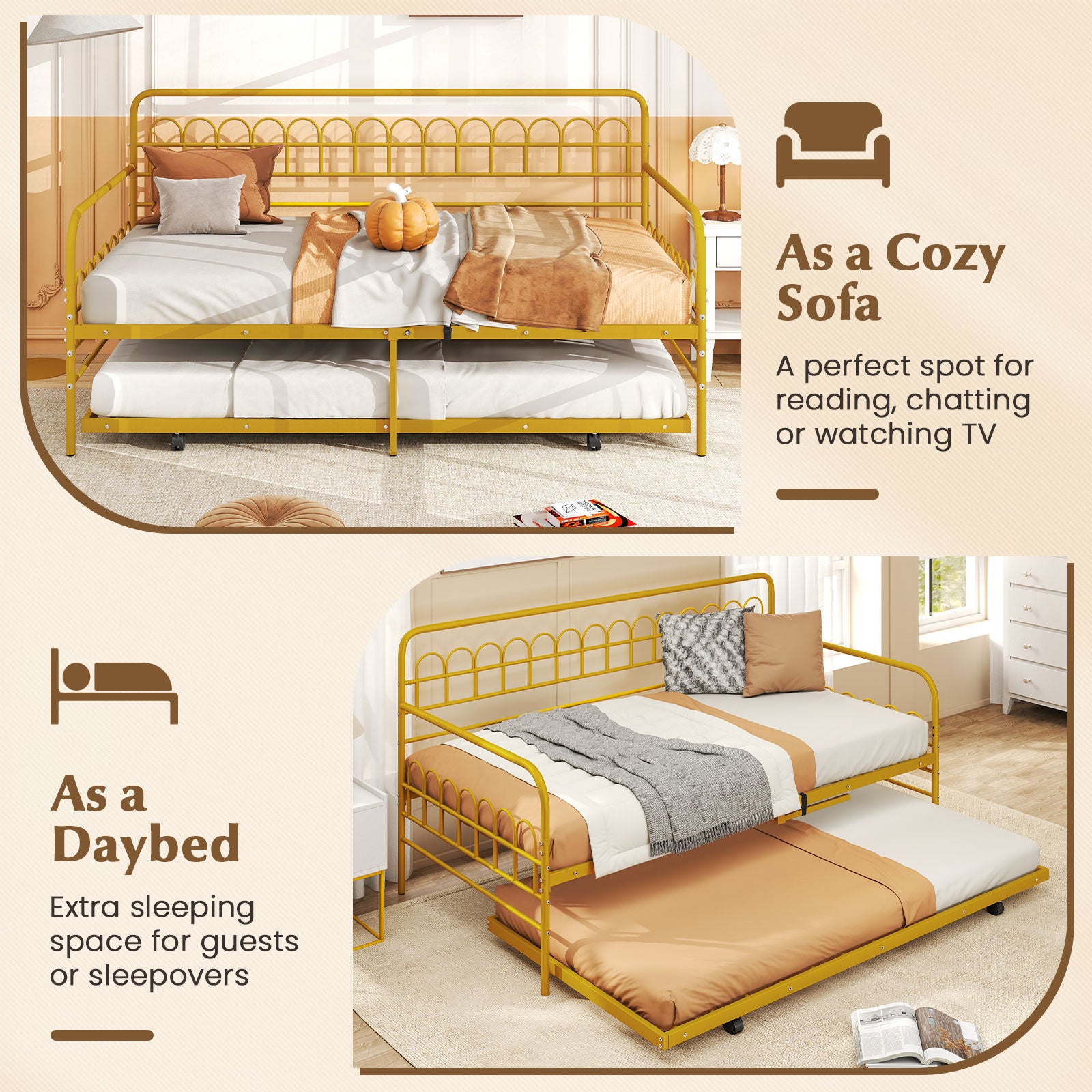 Twin Daybed With Curved Backrest, Armrests, Gold Trundle Bed Frame at Gallery Canada