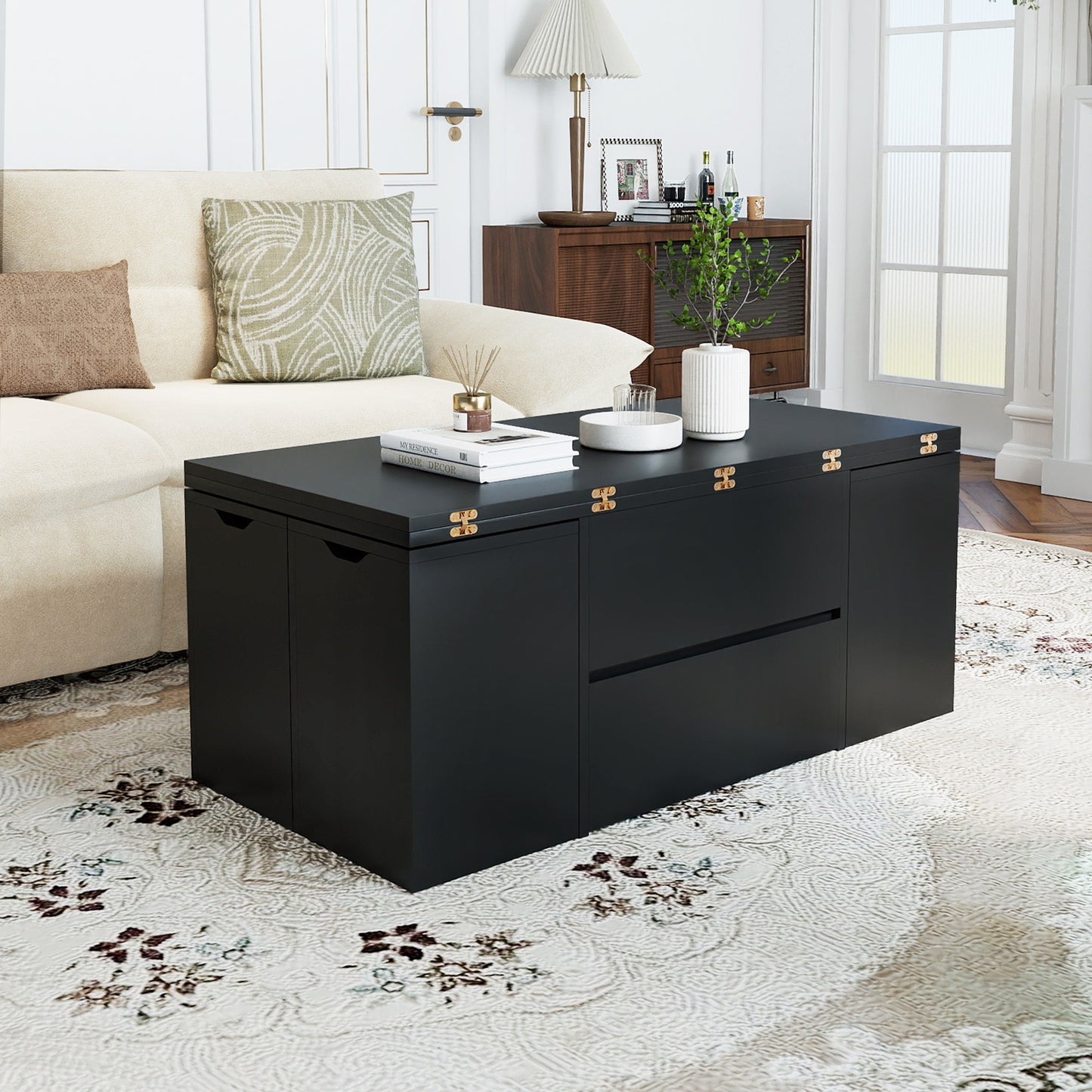 3-in-1 Expandable Lift Top Coffee Table with 4 Storage Stools and Hidden Compartment for 4-8 People, Black Coffee Tables at Gallery Canada