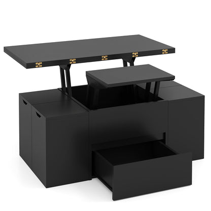3-in-1 Expandable Lift Top Coffee Table with 4 Storage Stools and Hidden Compartment for 4-8 People, Black Coffee Tables at Gallery Canada