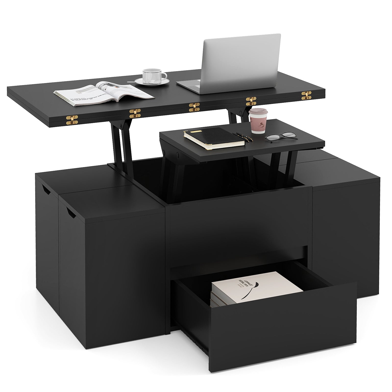 3-in-1 Expandable Lift Top Coffee Table with 4 Storage Stools and Hidden Compartment for 4-8 People, Black Coffee Tables at Gallery Canada
