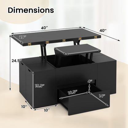 3-in-1 Expandable Lift Top Coffee Table with 4 Storage Stools and Hidden Compartment for 4-8 People, Black Coffee Tables at Gallery Canada
