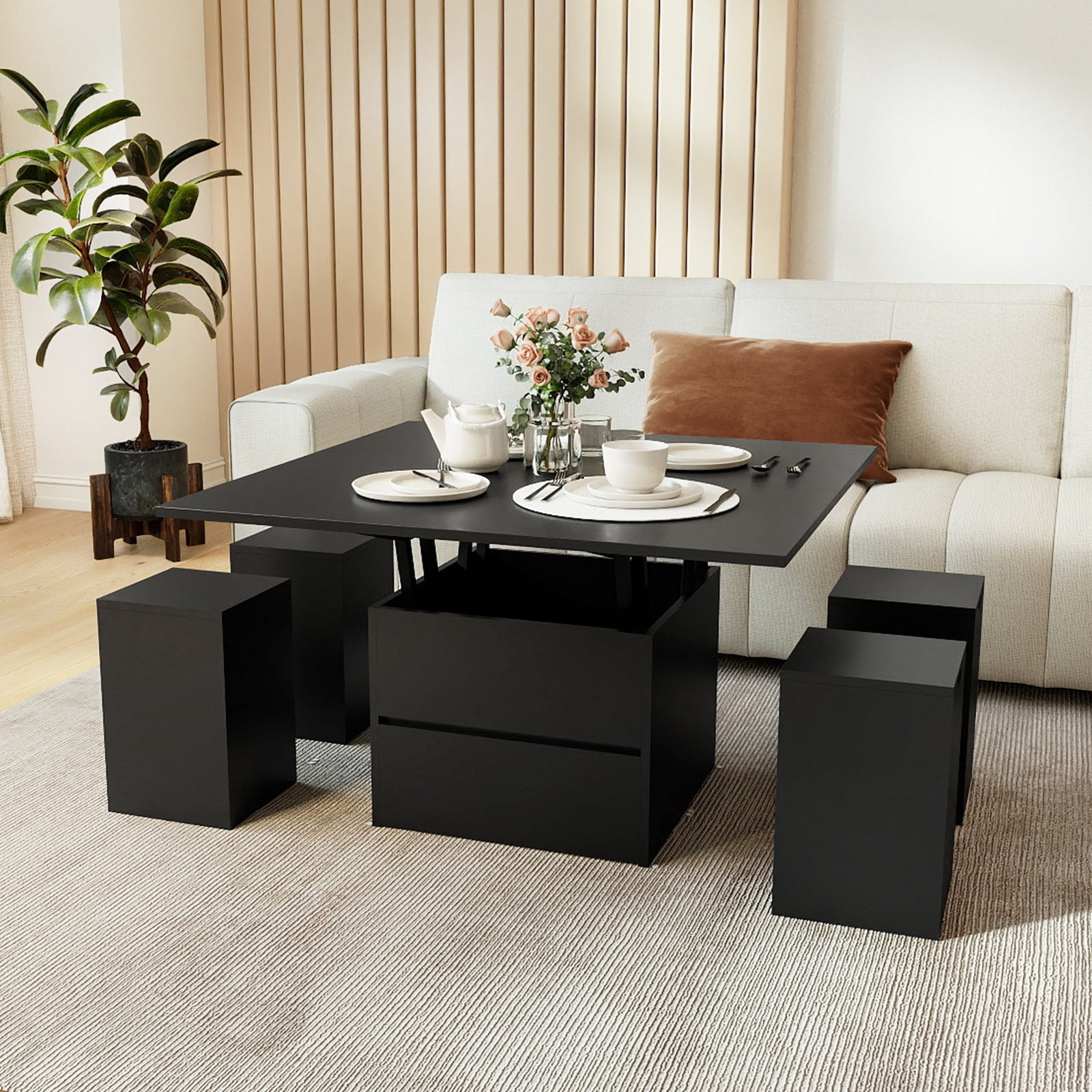 3-in-1 Expandable Lift Top Coffee Table with 4 Storage Stools and Hidden Compartment for 4-8 People, Black Coffee Tables at Gallery Canada