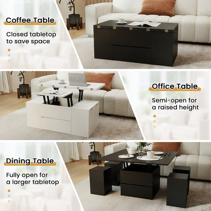 3-in-1 Expandable Lift Top Coffee Table with 4 Storage Stools and Hidden Compartment for 4-8 People, Black Coffee Tables at Gallery Canada