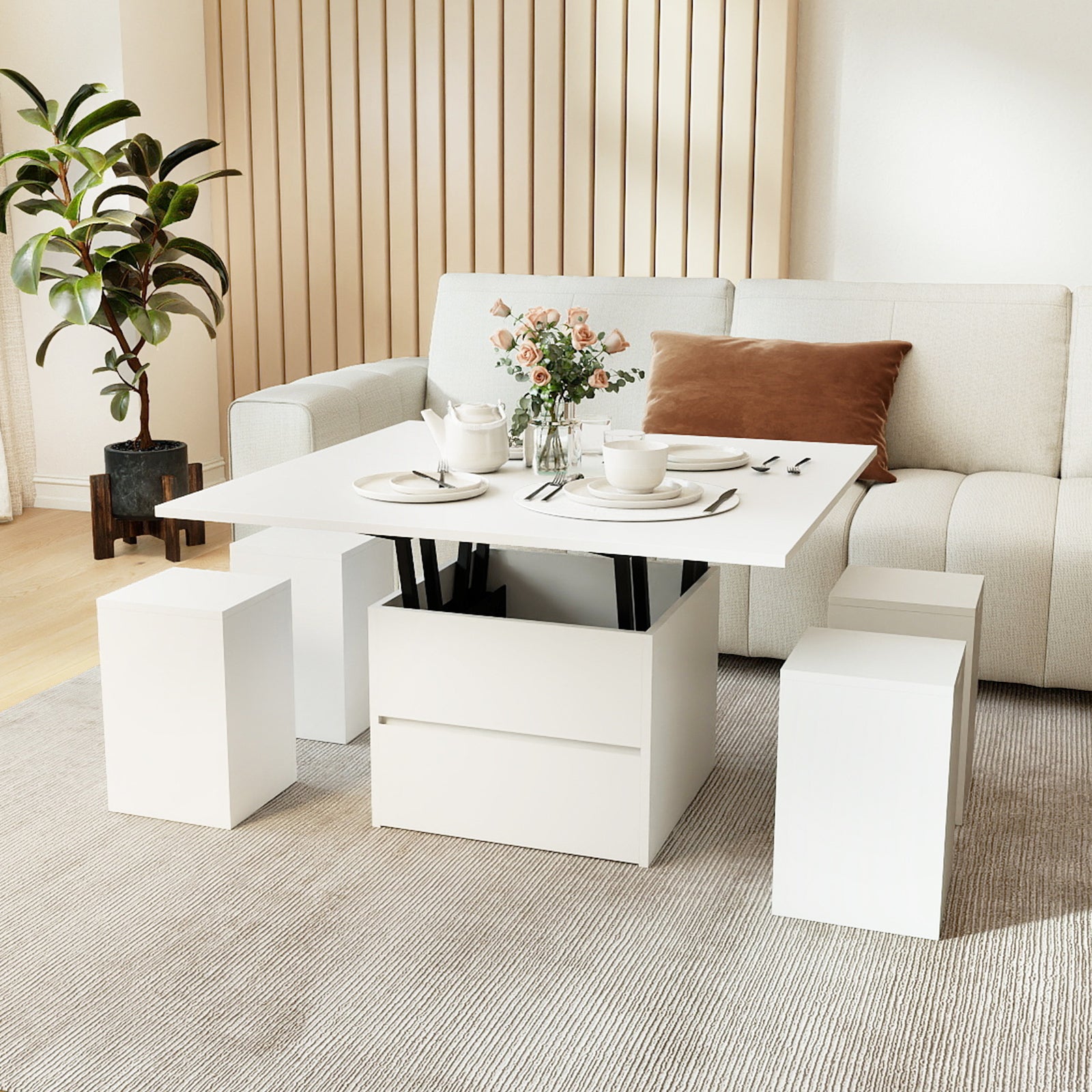 3-in-1 Expandable Lift Top Coffee Table with 4 Storage Stools and Hidden Compartment for 4-8 People, White Coffee Tables at Gallery Canada