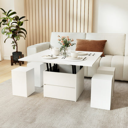 3-in-1 Expandable Lift Top Coffee Table with 4 Storage Stools and Hidden Compartment for 4-8 People, White Coffee Tables at Gallery Canada