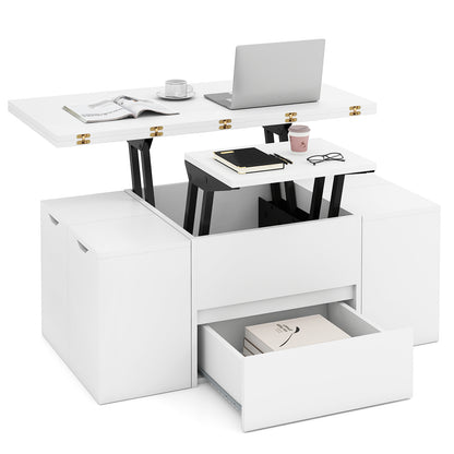 3-in-1 Expandable Lift Top Coffee Table with 4 Storage Stools and Hidden Compartment for 4-8 People, White Coffee Tables at Gallery Canada