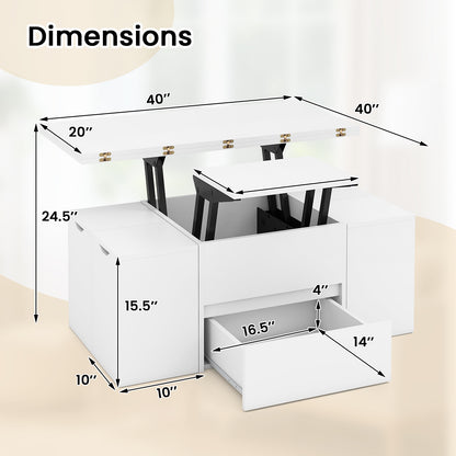 3-in-1 Expandable Lift Top Coffee Table with 4 Storage Stools and Hidden Compartment for 4-8 People, White Coffee Tables at Gallery Canada