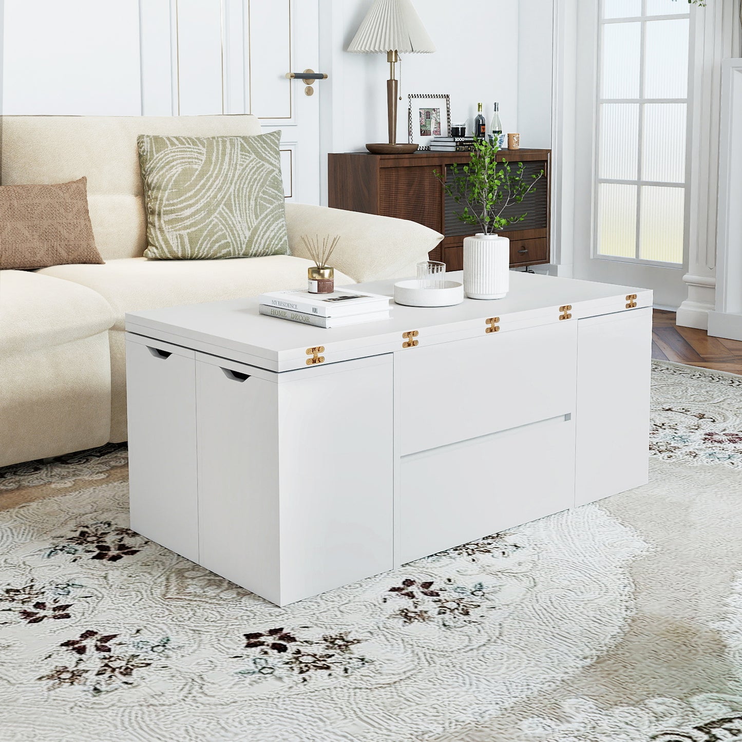 3-in-1 Expandable Lift Top Coffee Table with 4 Storage Stools and Hidden Compartment for 4-8 People, White Coffee Tables at Gallery Canada