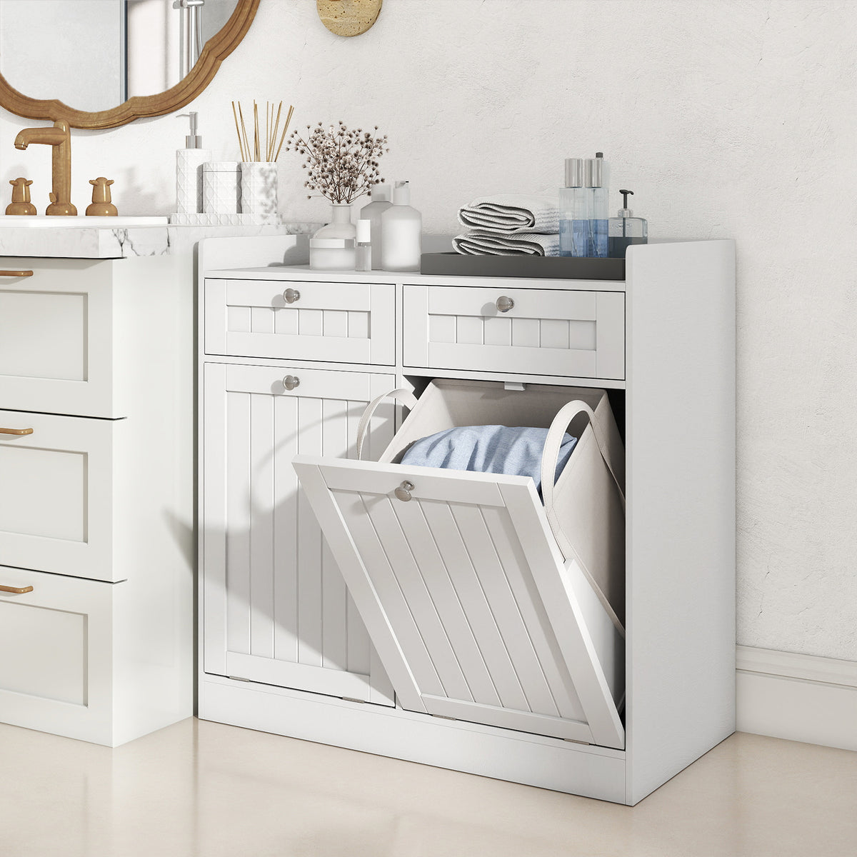 Double Tilt-Out Laundry Hamper Cabinet, 2 Drawers, Removable Bags, White Laundry Baskets at Gallery Canada