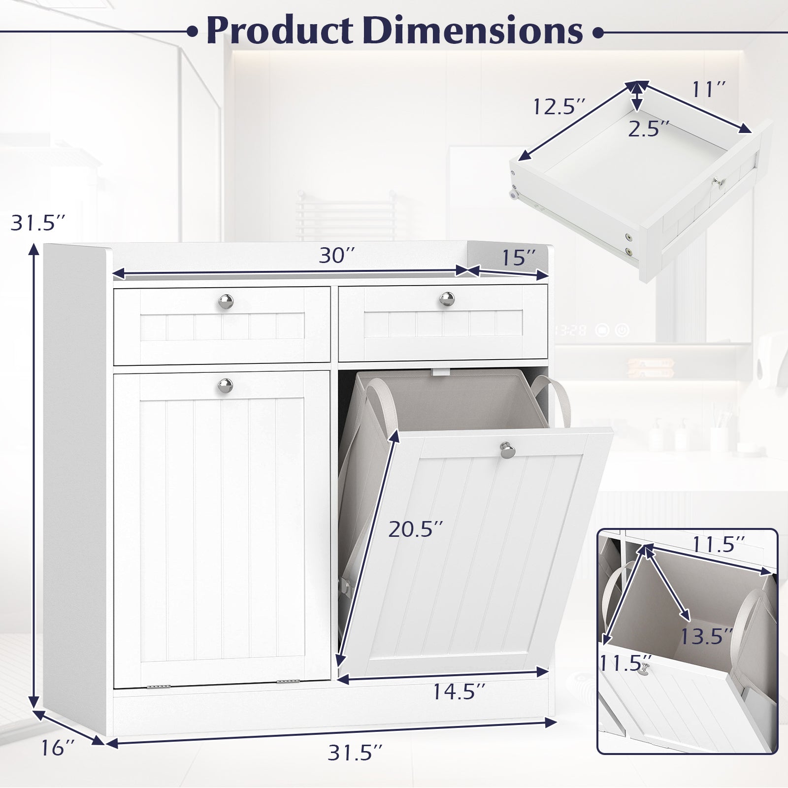 Double Tilt-Out Laundry Hamper Cabinet, 2 Drawers, Removable Bags, White Laundry Baskets at Gallery Canada
