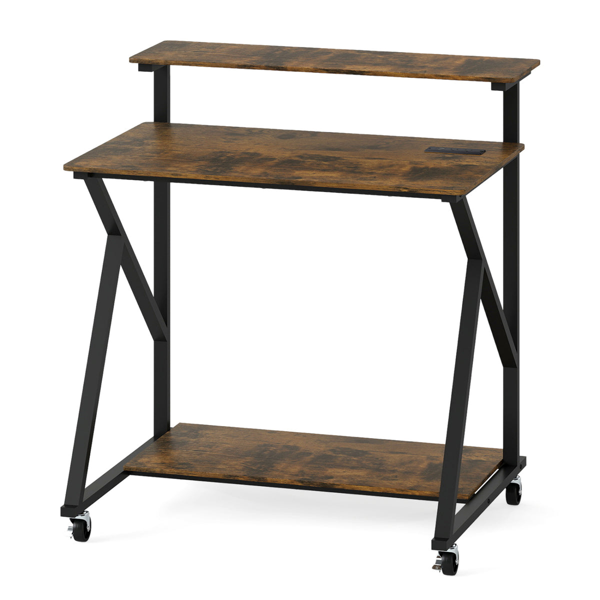 32 Inch Rolling Computer Desk, With Power Outlets, Rustic Brown Writing Desks Rustic Brown at Gallery Canada