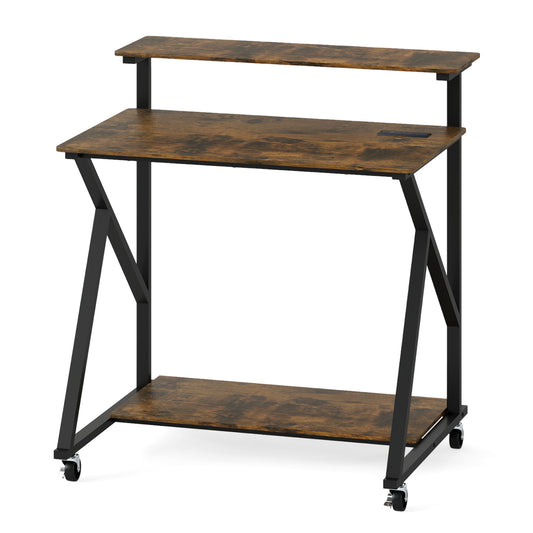 32 Inch Rolling Computer Desk, With Power Outlets, Rustic Brown Writing Desks Rustic Brown at Gallery Canada