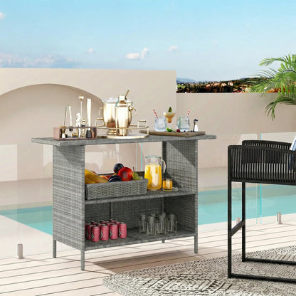 Wicker Outdoor Bar Table, PE Rattan, 2 Shelves, Steel Frame, Dark Grey, Dark Grey Patio Side Tables at Gallery Canada