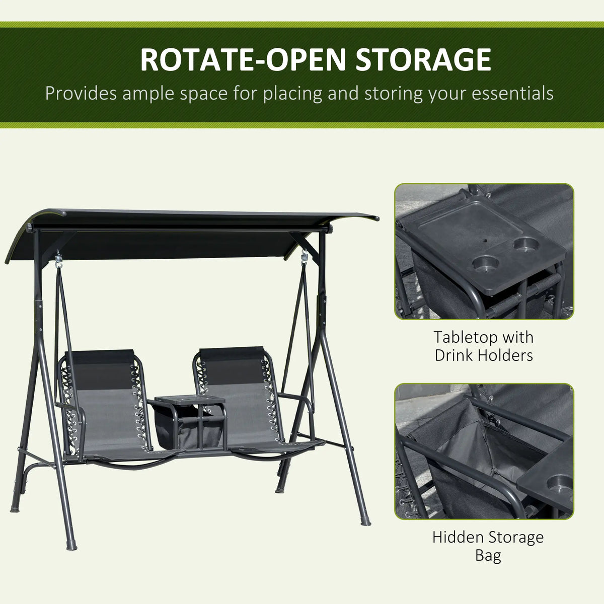 2 Person Porch Swing with Storage Table, Cup Holder, Canopy, Black Patio Swings with Stand at Gallery Canada
