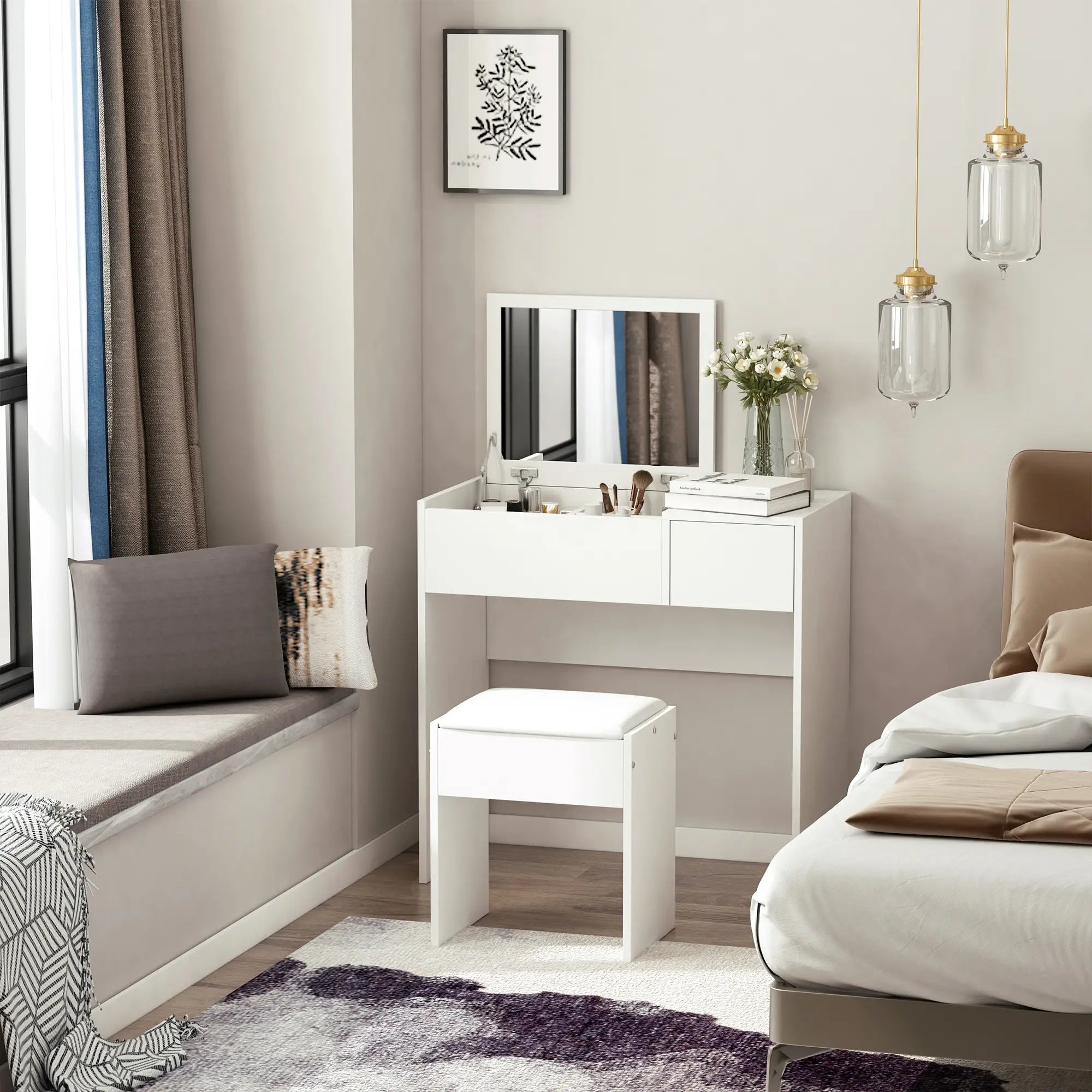 Modern Vanity Set, Flip Top Mirror, Cushioned Stool, Storage Drawer, White Dressing & Vanity Tables at Gallery Canada