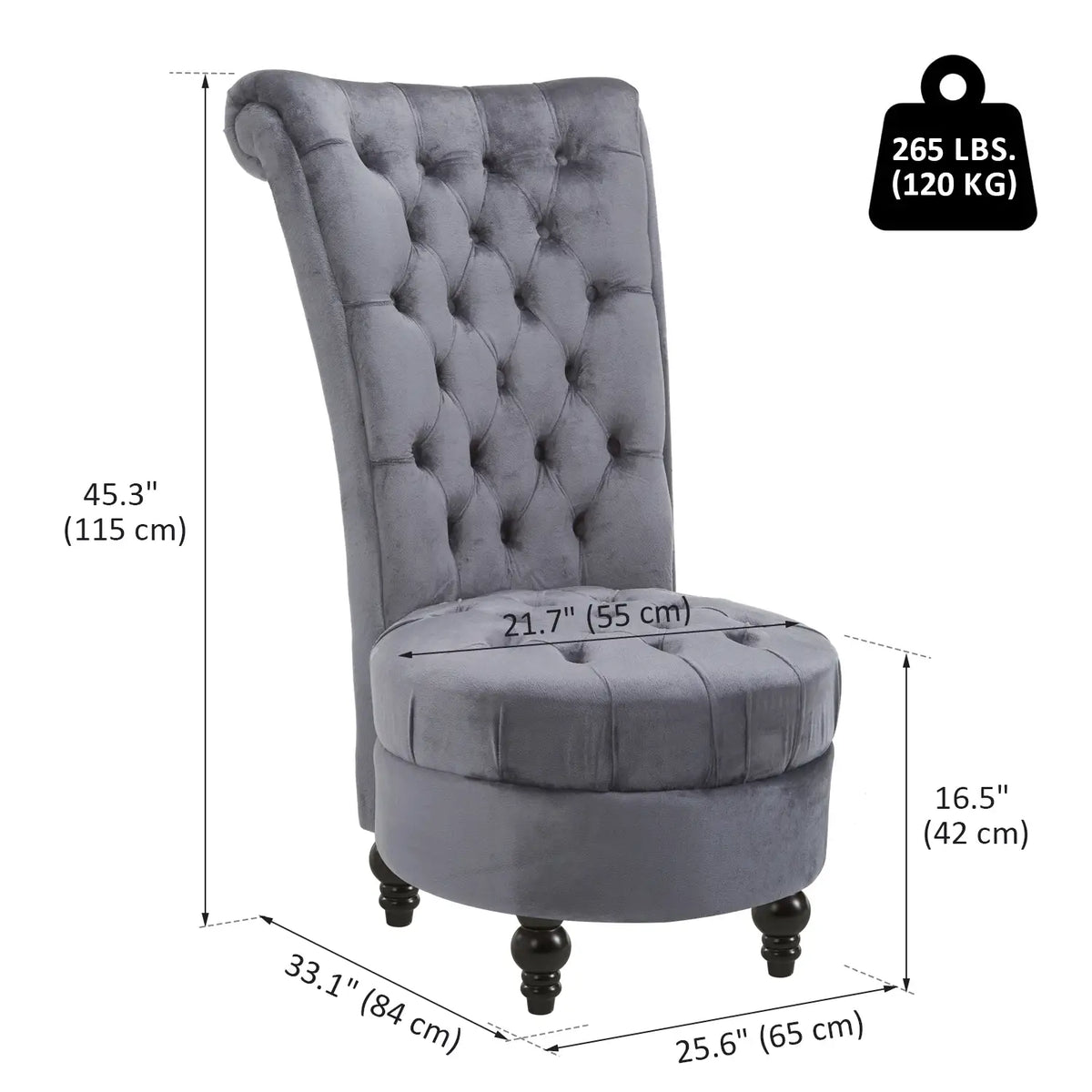 45" Tufted High Back Velvet Accent Chair, Soft Padded Lounge, Ash Grey Single Sofas at Gallery Canada