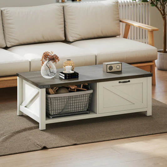 Farmhouse Coffee Table with Drawer, Open Shelf, Distressed White Coffee Tables Distressed Grey, Distressed White at Gallery Canada