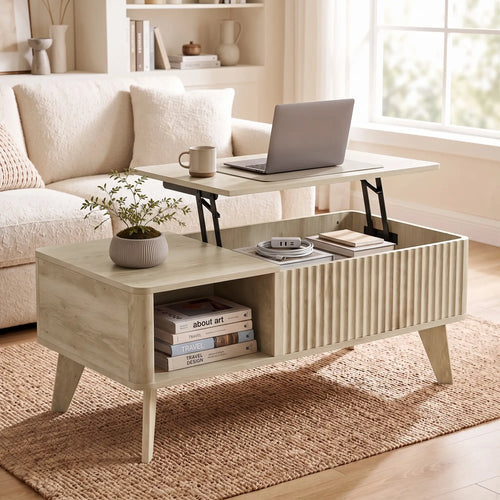 40 Inch Fluted Lift Top Coffee Table, Storage, Oak