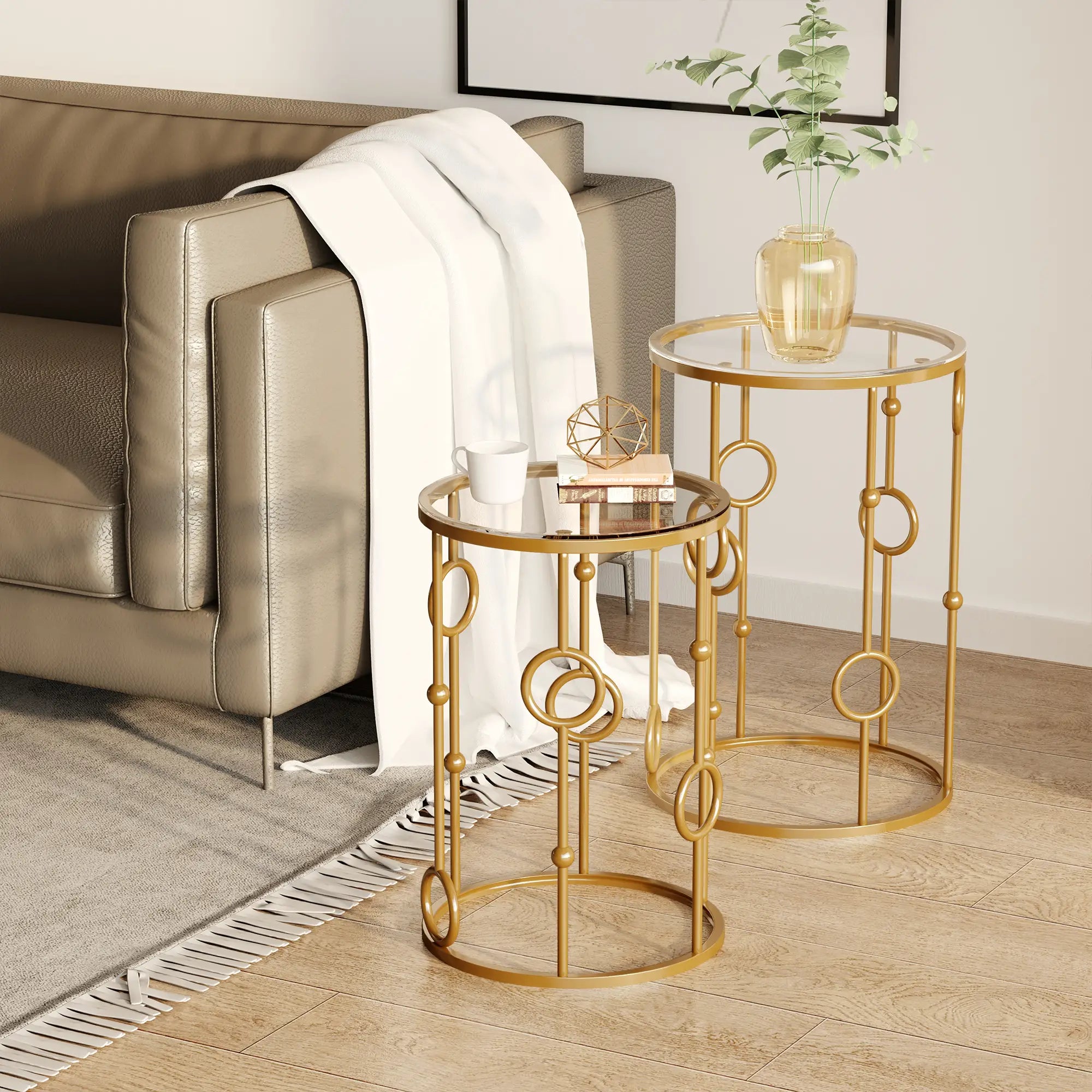 Round Coffee Tables Set of 2, Tempered Glass Top, Steel Frame, Gold Coffee Tables at Gallery Canada