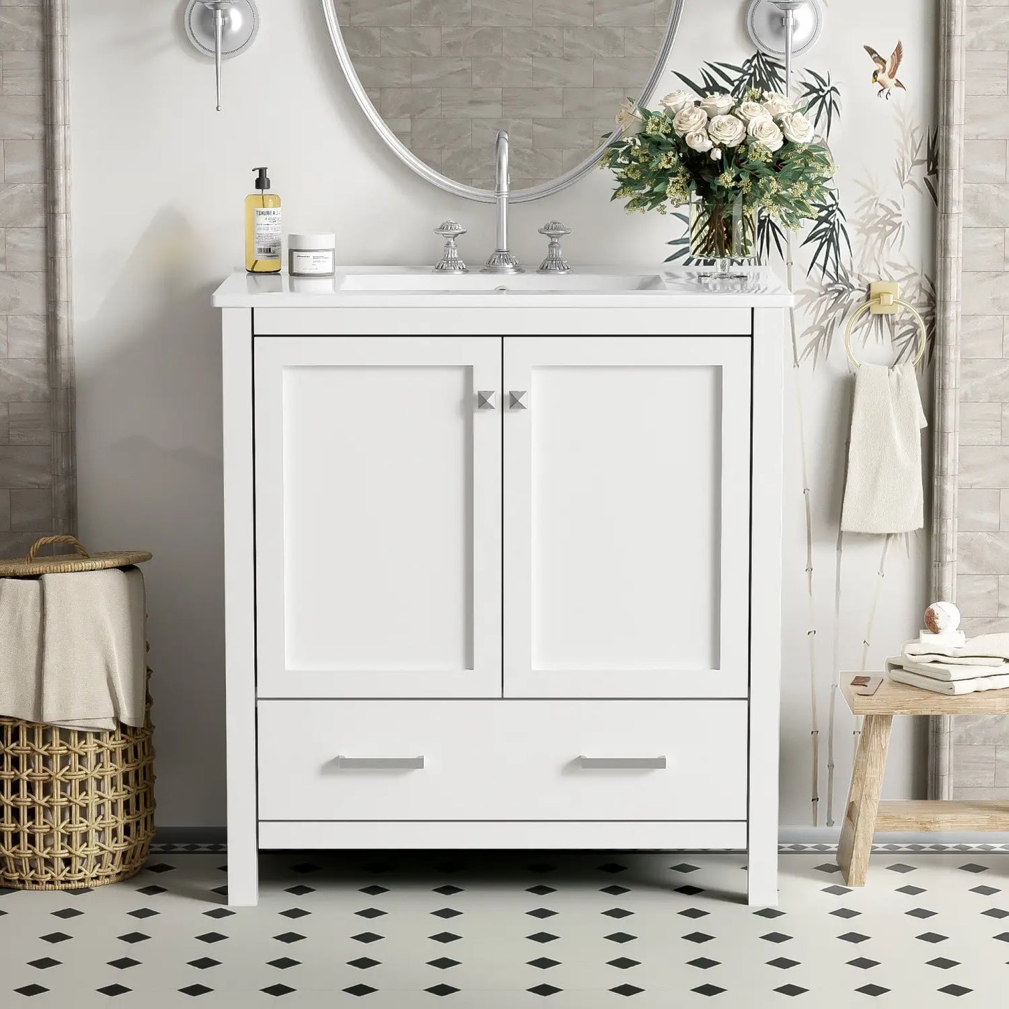 Single Sink Bathroom Vanity, Solid Wood, Soft-Close Doors, 30" L x 18.5" W x 34" H, White Sink Cabinets at Gallery Canada