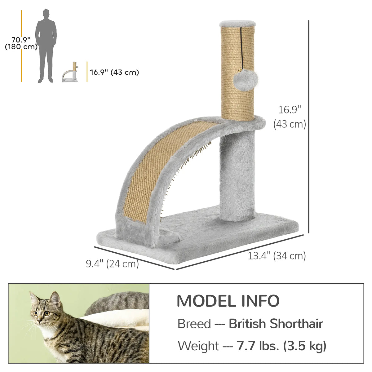17" Small Cat Tree, Jute Scratching Post, Curved Board, Dangling Ball, Grey Cat Trees at Gallery Canada
